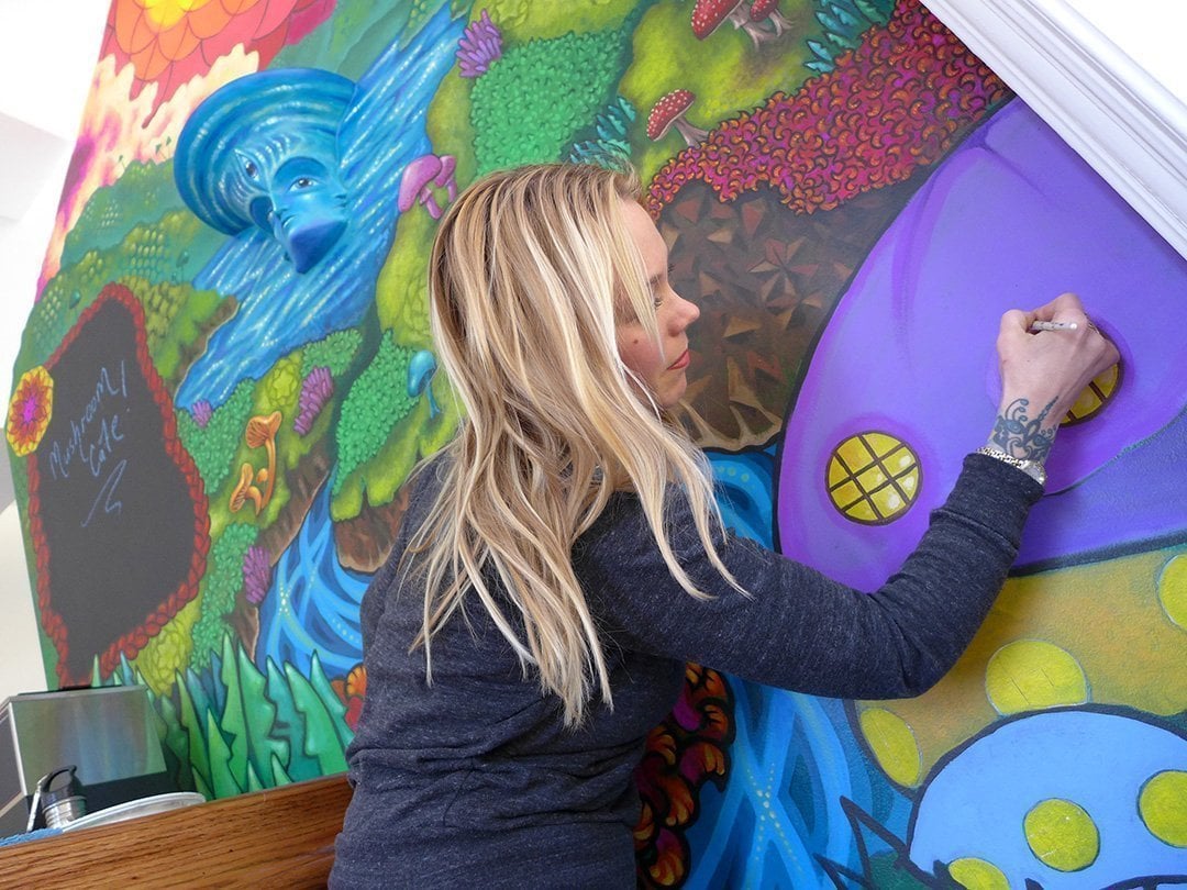 Burgandy Viscosi painting Mushroom Cafe mural